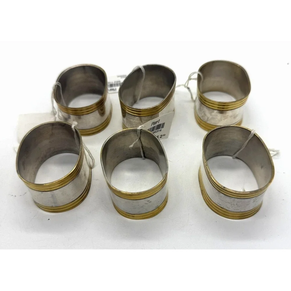 NWT Pier 1 Set of 6 Napkin Rings‎ Silver Tone with Gold Brass Bands Oval Metal
